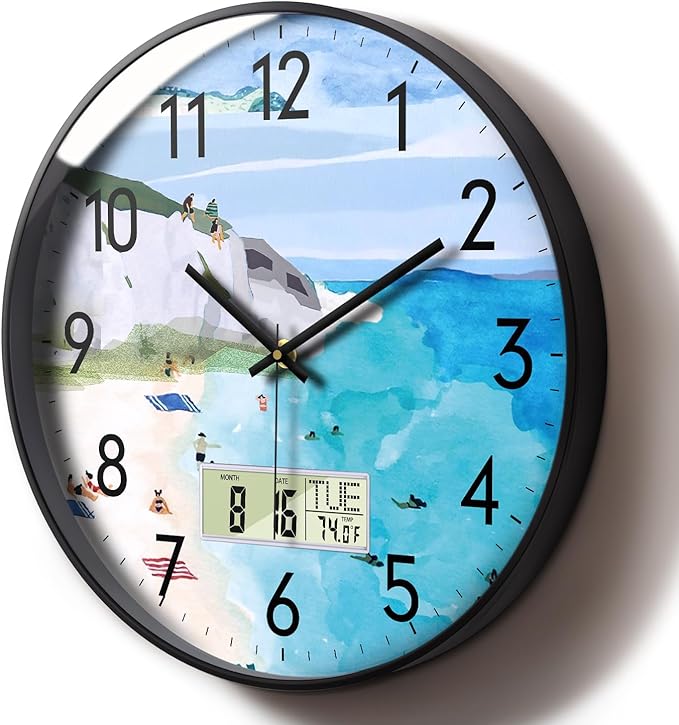 SCOAGE Silent Wall Clock with Temperature Day and Date Blue Mountain and Sea by SCOAGE