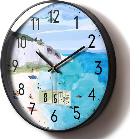 SCOAGE Silent Wall Clock with Temperature Day and Date Blue Mountain and Sea by SCOAGE