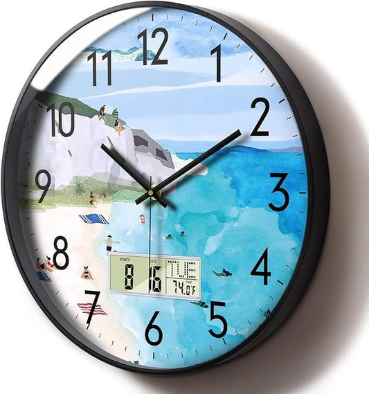 SCOAGE Silent Wall Clock with Temperature Day and Date Blue Mountain and Sea by SCOAGE