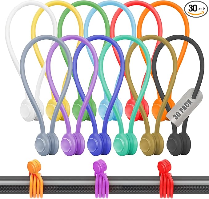 30-Pack Magnetic Cable Ties – Snap-On Silicone Magnetic Cord Ties by JustJamz