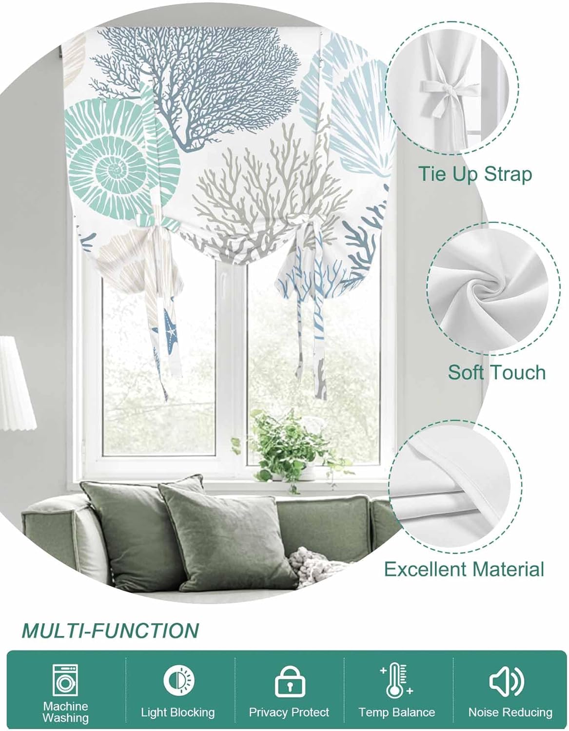 Ocean Coral Starfish Tie Up Window Shade Curtain,Nautical Coastal Shell Tie Up Curtain for Kitchen Windows,Marine Sealife Adjustable Valance Balloon Curtains,Blue Teal White Rod Pocket Panel 52x45in
