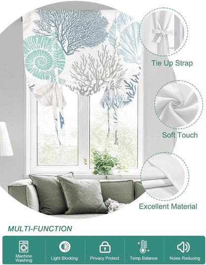 Ocean Coral Starfish Tie Up Window Shade Curtain,Nautical Coastal Shell Tie Up Curtain for Kitchen Windows,Marine Sealife Adjustable Valance Balloon Curtains,Blue Teal White Rod Pocket Panel 52x45in