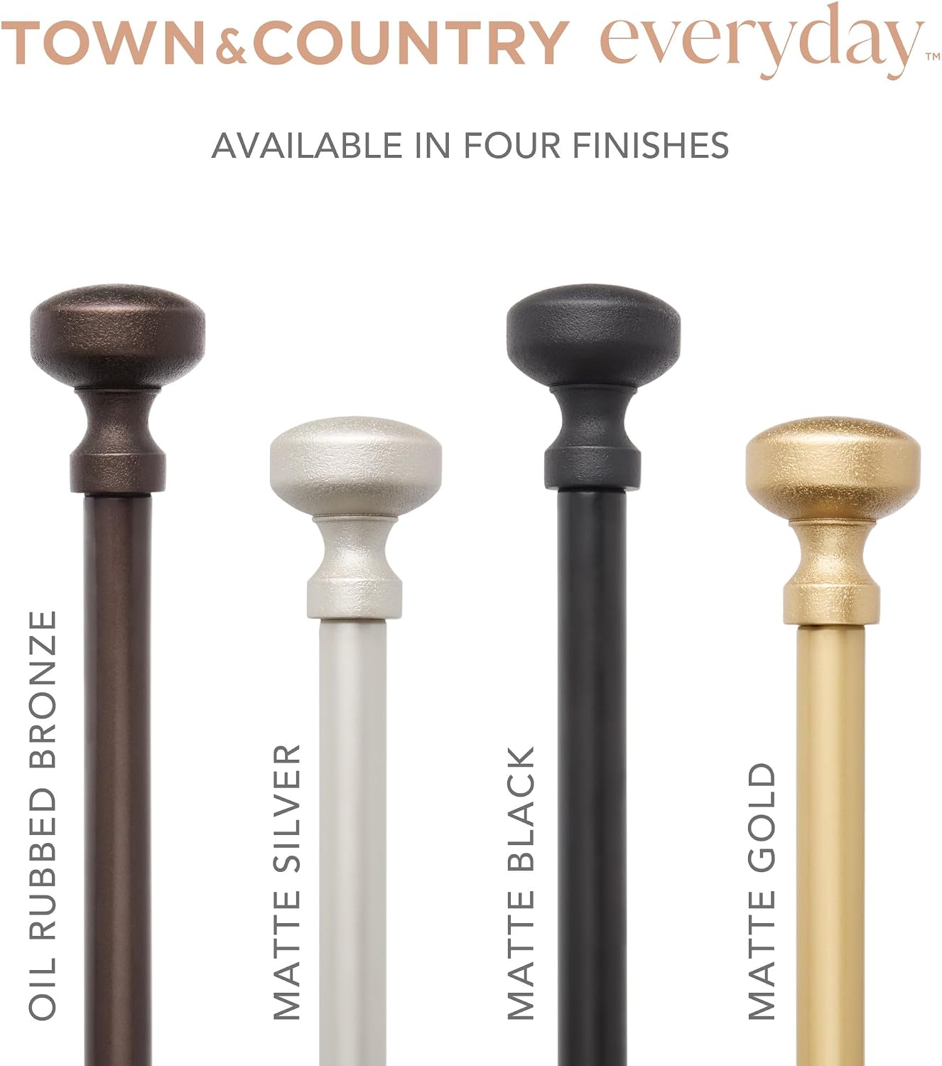 TOWN & COUNTRY EVERYDAY Modern Rounded Cap Single Indoor Curtain Rod and Finial Set, Easy Install Wall Mount, Matte Black, Adjustable 36”-72”