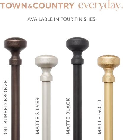 TOWN & COUNTRY EVERYDAY Modern Rounded Cap Single Indoor Curtain Rod and Finial Set, Easy Install Wall Mount, Matte Black, Adjustable 36”-72”
