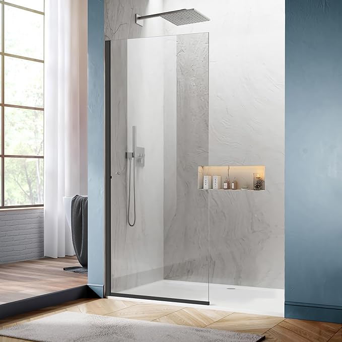 Matte Black Bathroom Shower Glass Door Panel, 5/16" Thick Clear Tempered Glass by Jinxi+Home