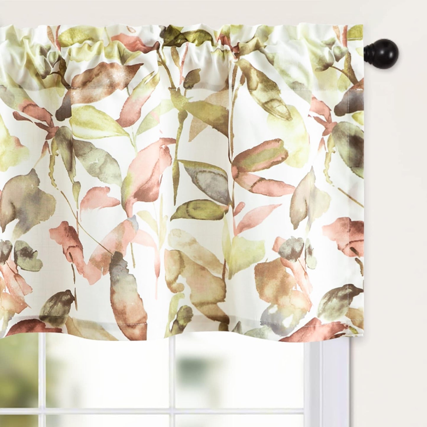 Faux Linen Kitchen Valances for Windows, Leaves Printing Valances for Living Room, Rod Pocket Farmhouse Rustic Basement Window Curtains for Bathroom, 52 x 18, Pack of 1