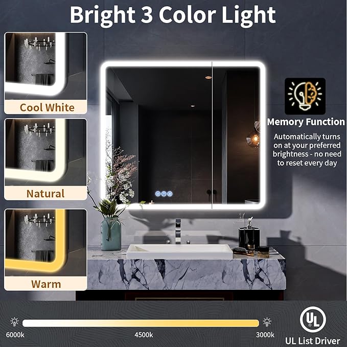 BEAUTYPEAK 36 x 32 LED Bathroom Medicine Cabinet Mirror, Adjustable Shelves - Image 5