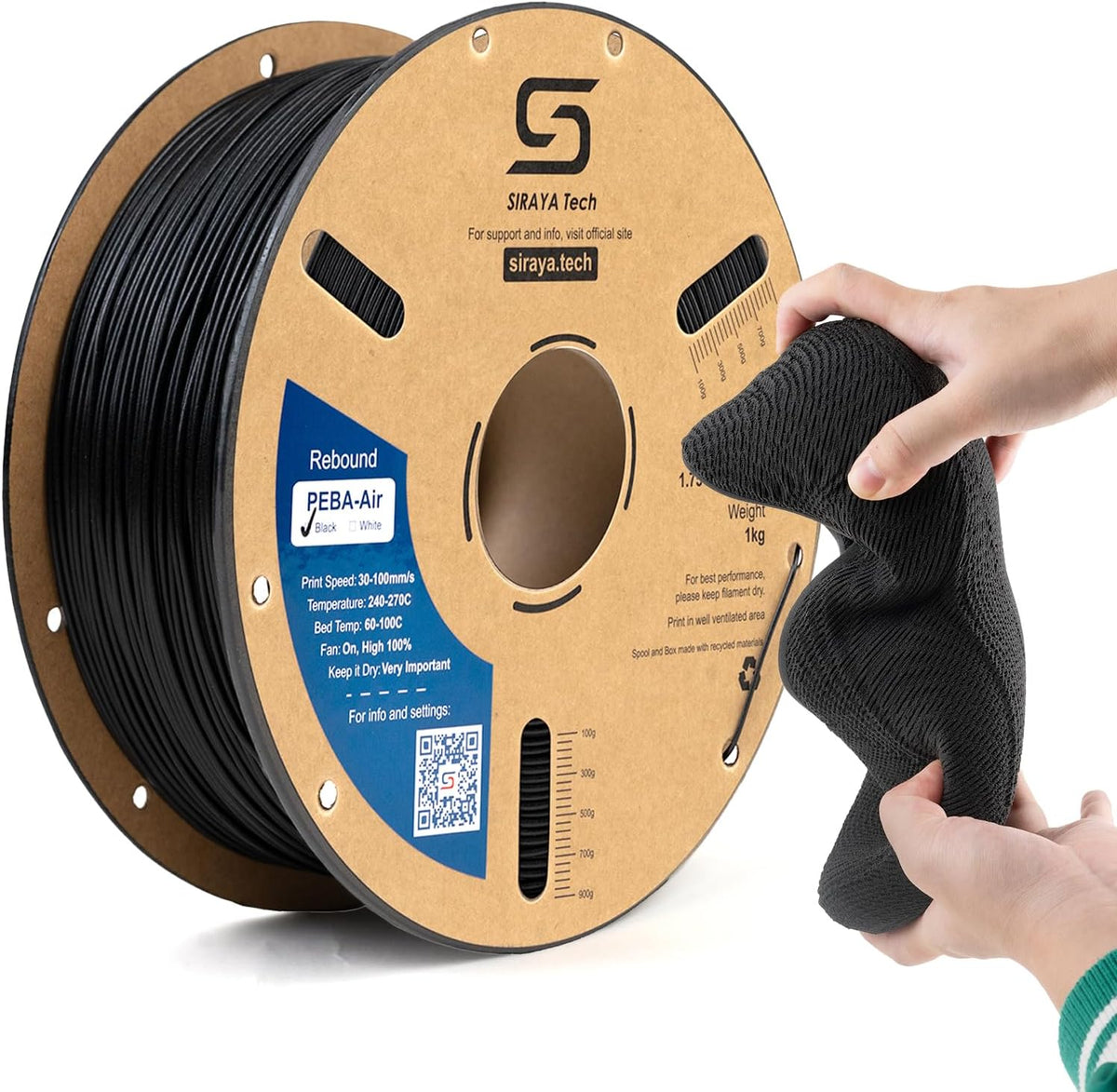 Siraya Tech Rebound PEBA Air - Active Foaming 3D Filament, Black, 800g