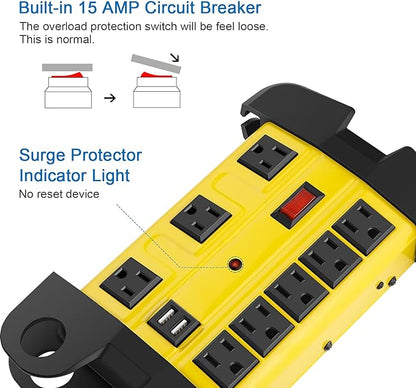 Heavy Duty Power Strip with USB, Workshop 8 Outlet Surge Protector 2700 Joules - Image 3