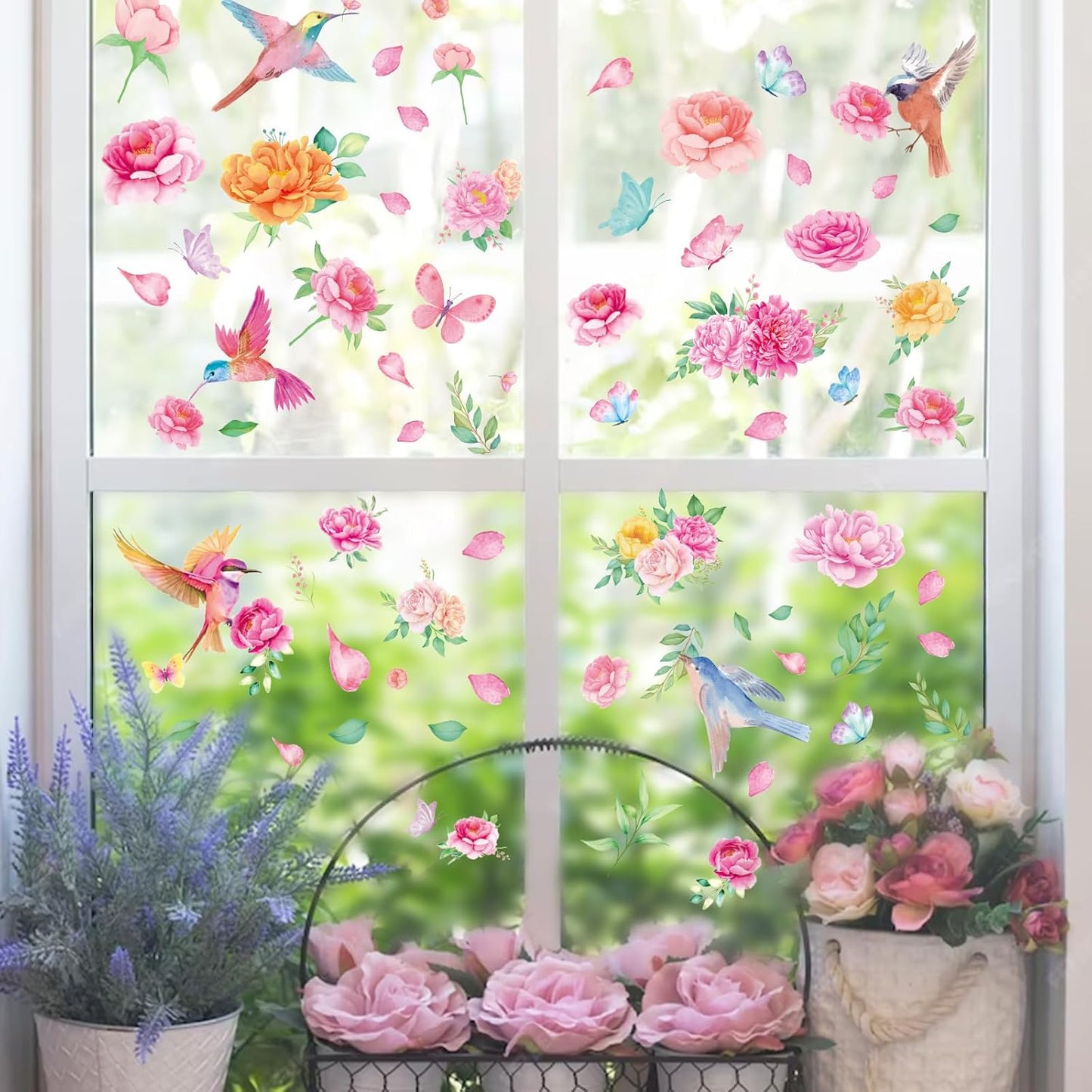 Whaline 9 Sheets Spring Summer Window Clings Pink Flower Window Clings Watercolor Hummingbirds Garden Floral Leaf Windows Decal Double-Sided Windows Decor for Home Office School Decor Party Supplies