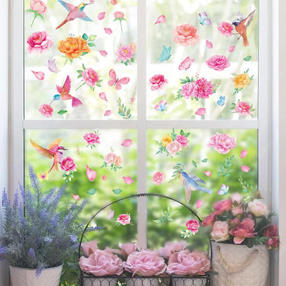 Whaline 9 Sheets Spring Summer Window Clings Pink Flower Window Clings Watercolor Hummingbirds Garden Floral Leaf Windows Decal Double-Sided Windows Decor for Home Office School Decor Party Supplies