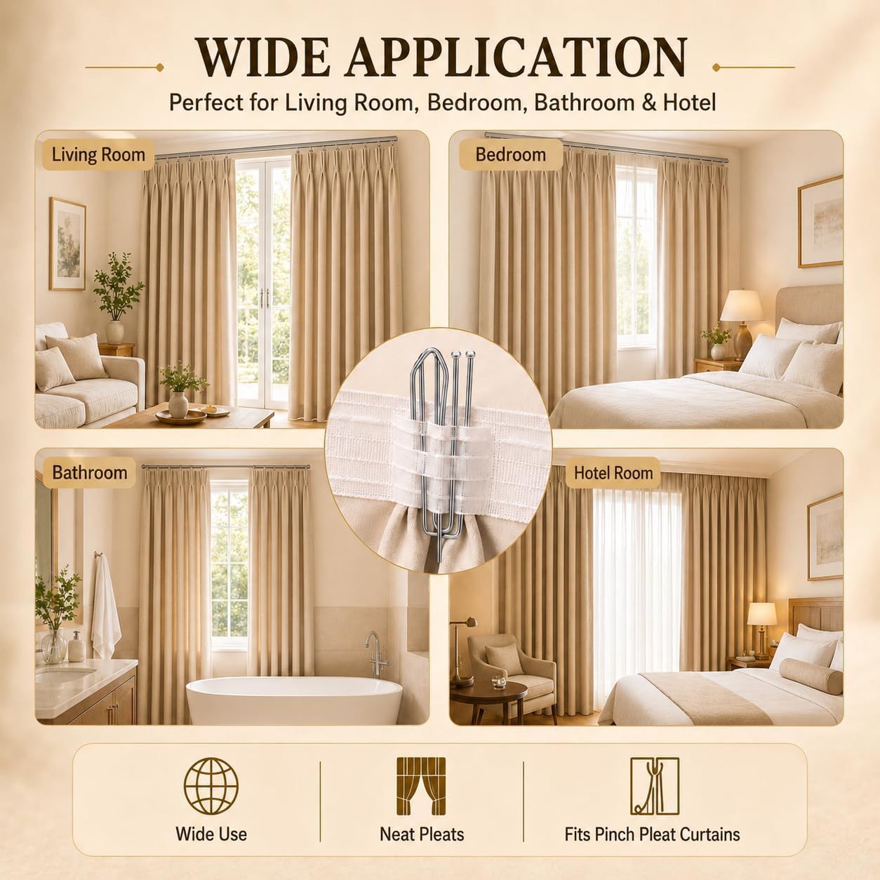 90PCS Stainless Steel Curtain Pleat Hooks,Drapery Hook and Pin for Pleated Drapes 4 Prongs Pinch Pleat Hook Clips,Traverse Pleater 4 End Curtain Hangers for Window Door Bathroom Curtain