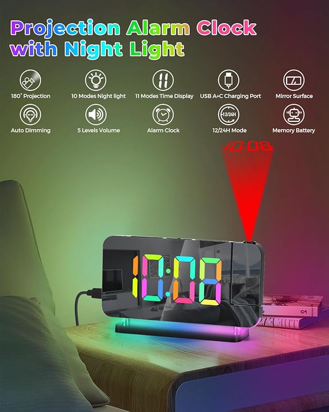 SZELAM Projection Alarm Clock, 7.4 in Digital Mirror Clocks, - Image 2