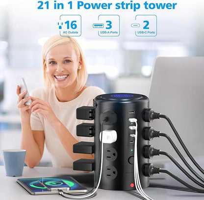 Tower Power Strip with 15W Wireless Charger, 20FT Extension Cord, 16 AC Outlets - Image 3
