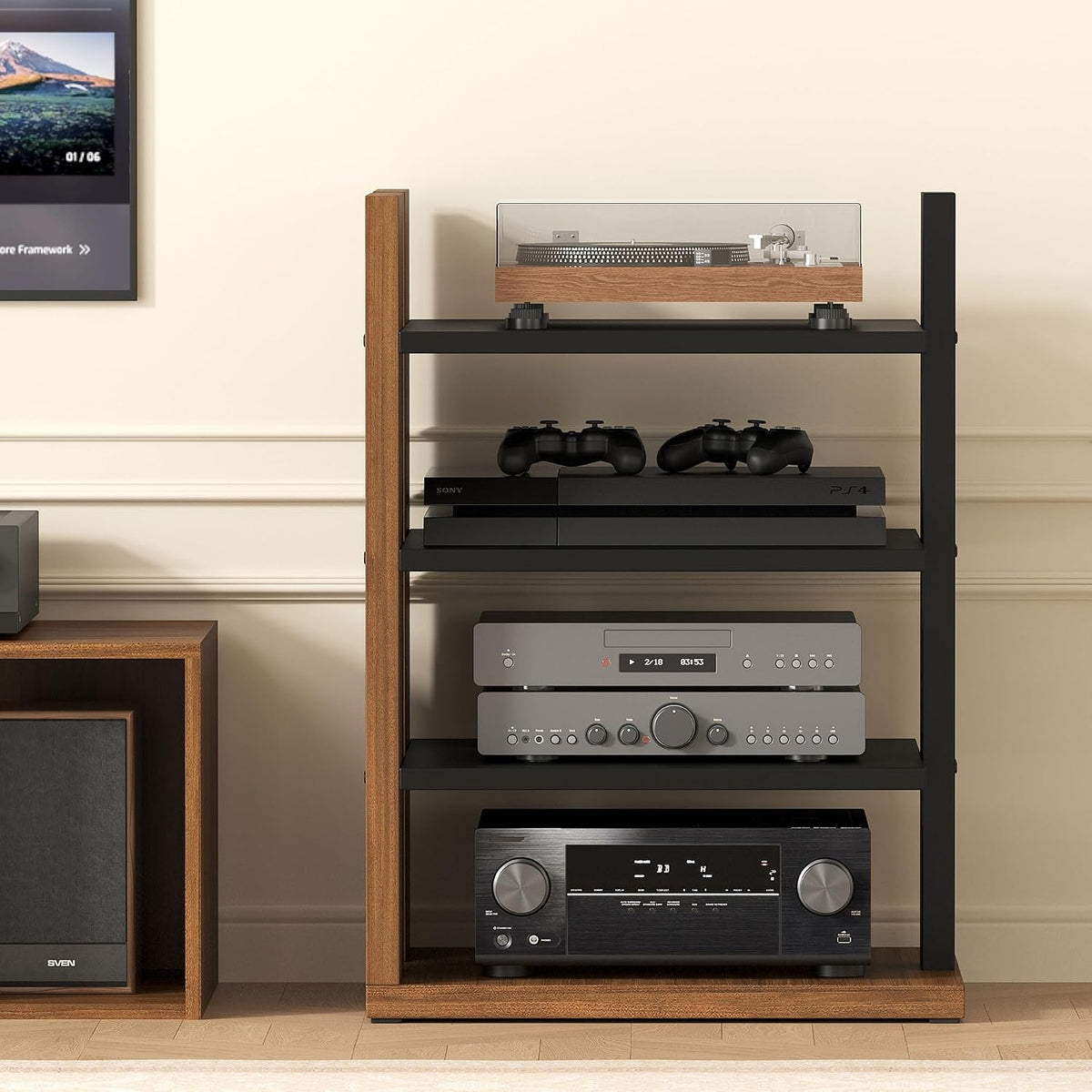 space-saving corner audio rack, 4-tier stereo cabinet media shown in use