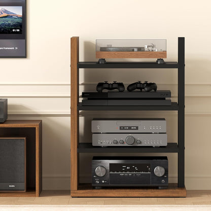 space-saving corner audio rack, 4-tier stereo cabinet media shown in use
