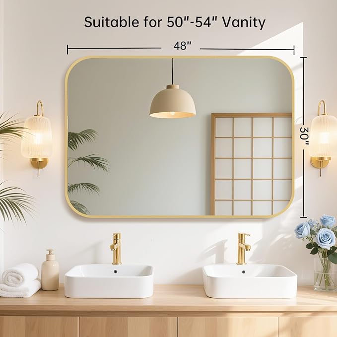 48x30 Inch Gold Bathroom Mirror, Brushed Gold Metal Framed Rectangular Mirror - Image 7