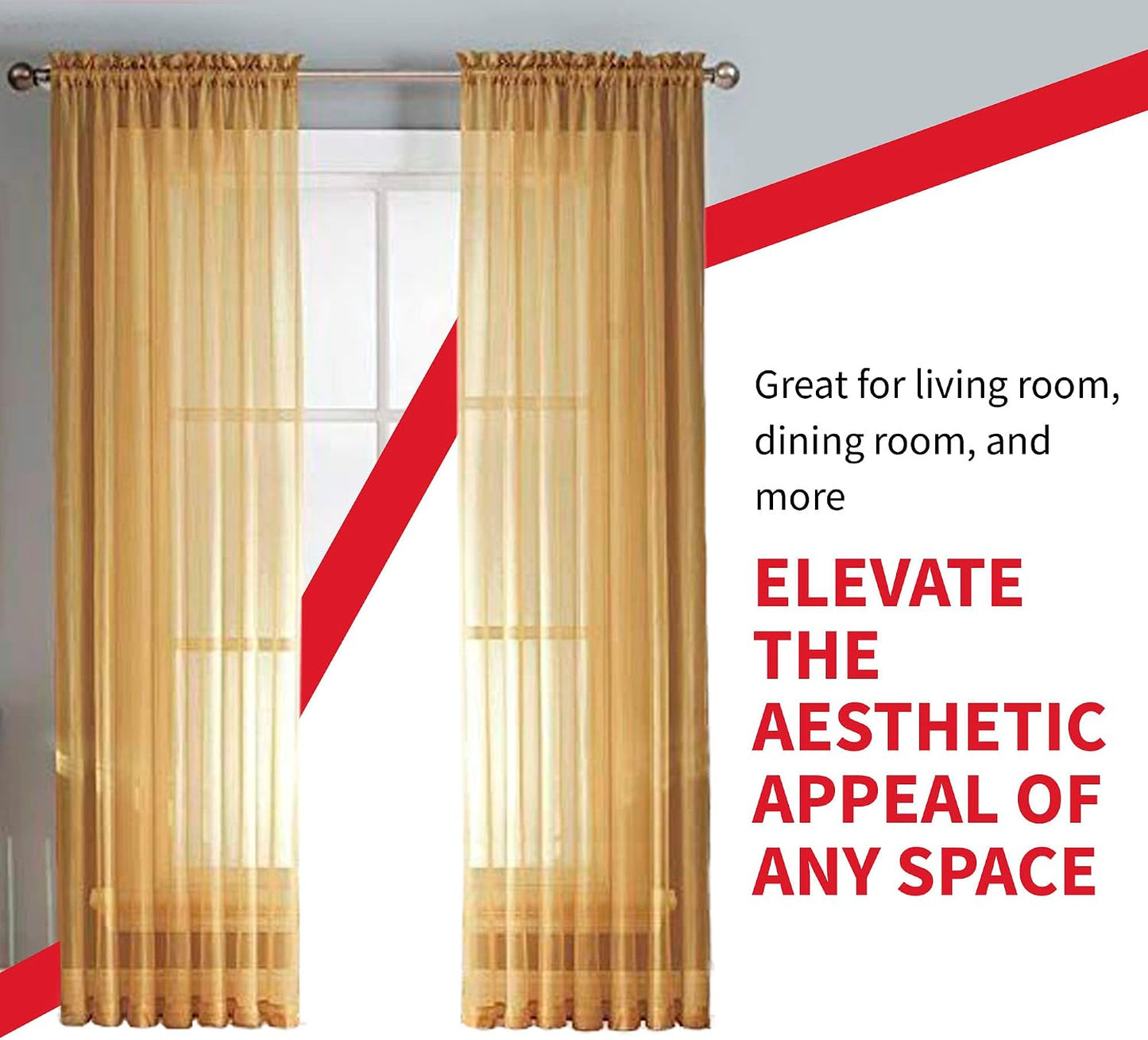 Sapphire Home Gold Sheer Curtains - 84 Inches Length, 2 Panels Set Sheer Drapes, Light Filtering Textured Window Curtain for Living Room, Bedroom, Kitchen, and Dining Room - 54"x84", Gold/Bronze