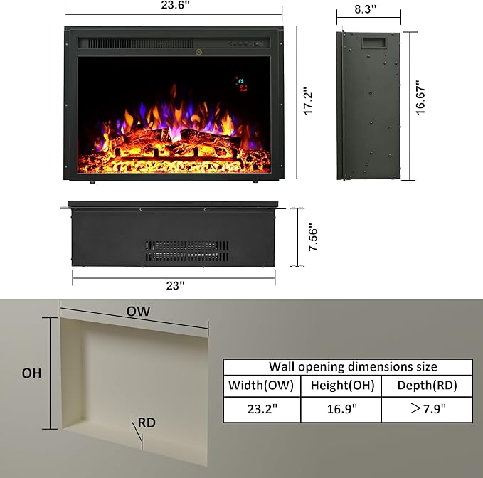 23.6 Inch Electric Fireplace Insert, Recessed Electric Fireplace Heater - Image 5