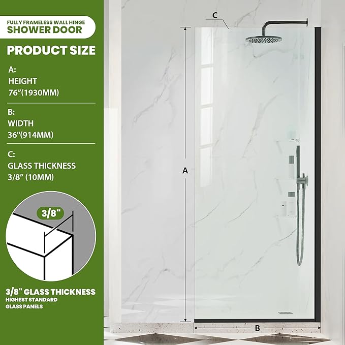 36" W x 76" H Shower Glass Panel, Semi-Frameless Fixed Shower Screen Walk-in - Image 2
