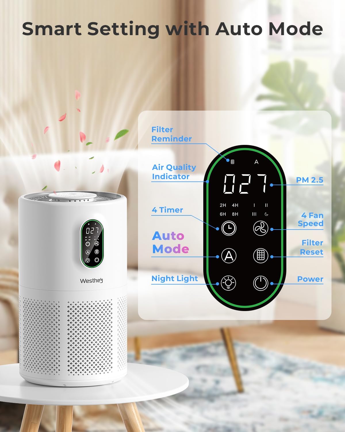 westhey h13 hepa air purifier for home up shown in use