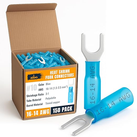 150PCS Blue Heat Shrink Fork Spade Connectors #10 – 16-14 AWG Tinned Copper by BinamInc