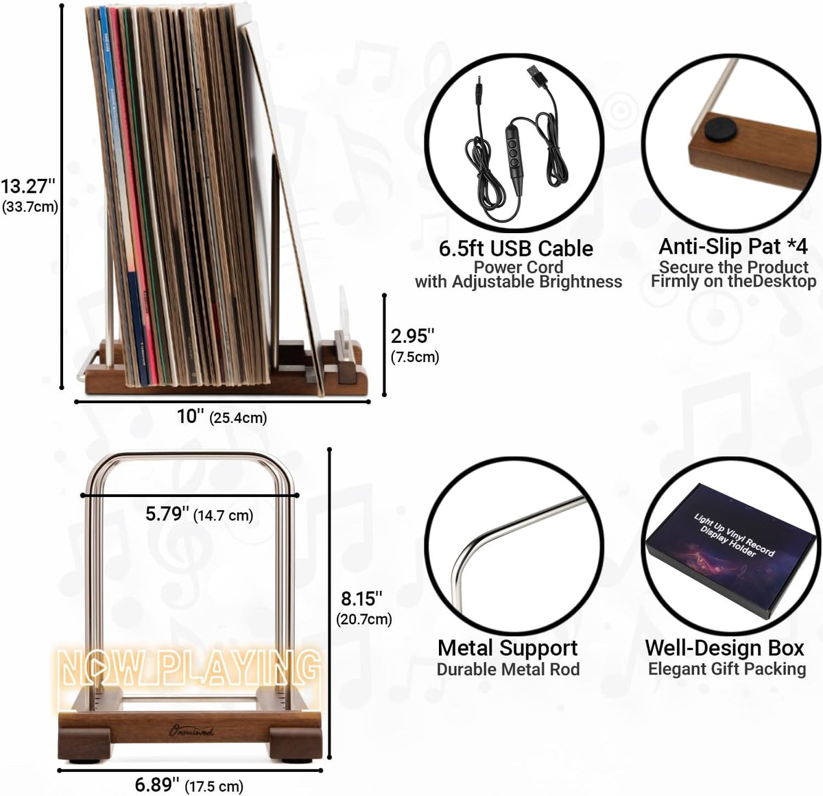 Onmiwod Vinyl Record Holder for 35 LPs, Light Up Now Playing Vinyl Record Sta...