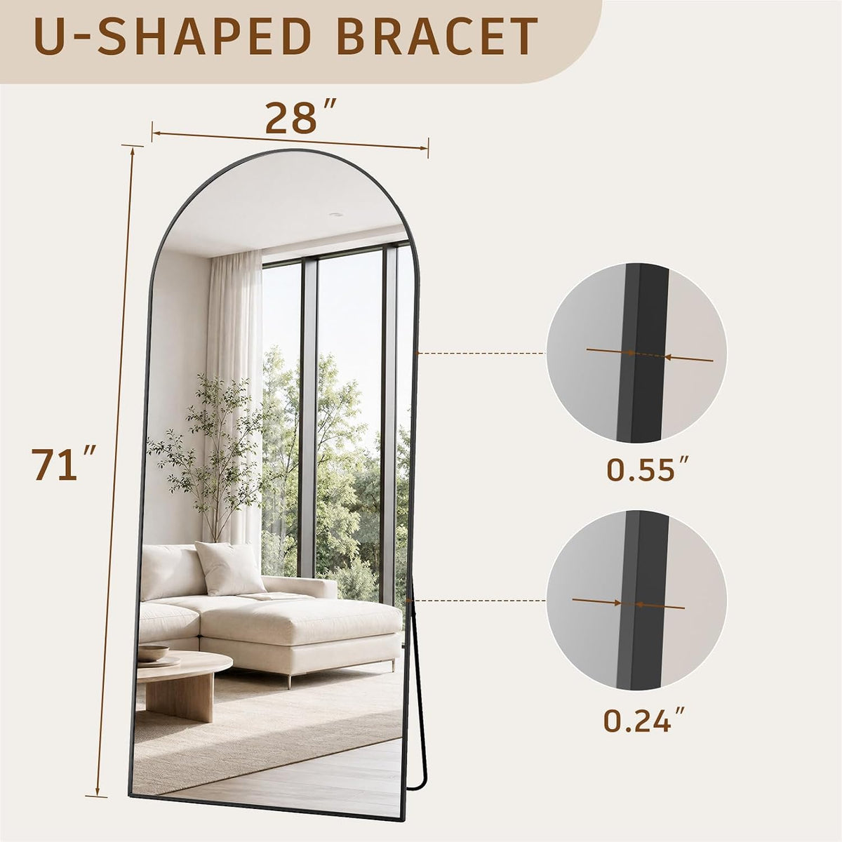 Koonmi 71x28 Arched Full Length Mirror, Floor Mirror with Stand | Shatterproof Tempered Glass, Modern Aluminum Alloy Frame, Free Standing Hanging or Leaning for Home Decor (Black)