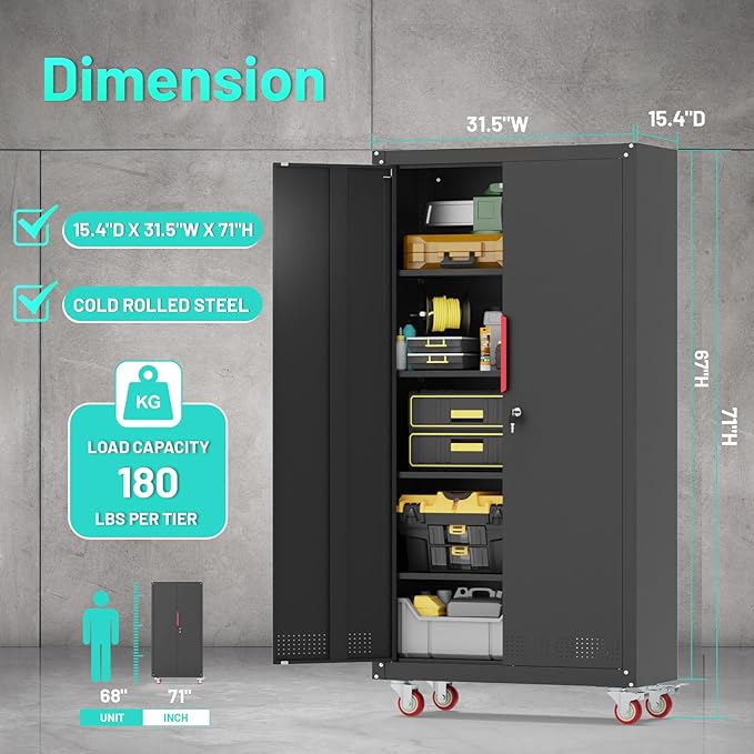 Metal Garage Cabinets with Wheels| 71" Steel Lockable Garage Storage Cabinet - Image 2