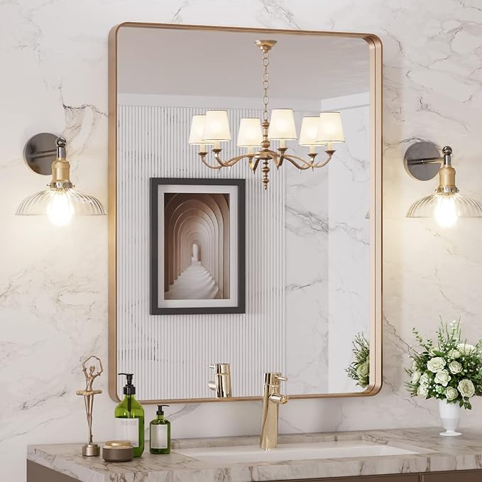 LOAAO 28”X36” Gold Bathroom Mirror, Rounded Rectangle Gold Frame Mirror - Image 7