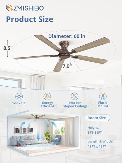ZMISHIBO 60 Inch Ceiling Fan No Light, Flush Mount Low Profile, Farmhouse Brown - Image 4