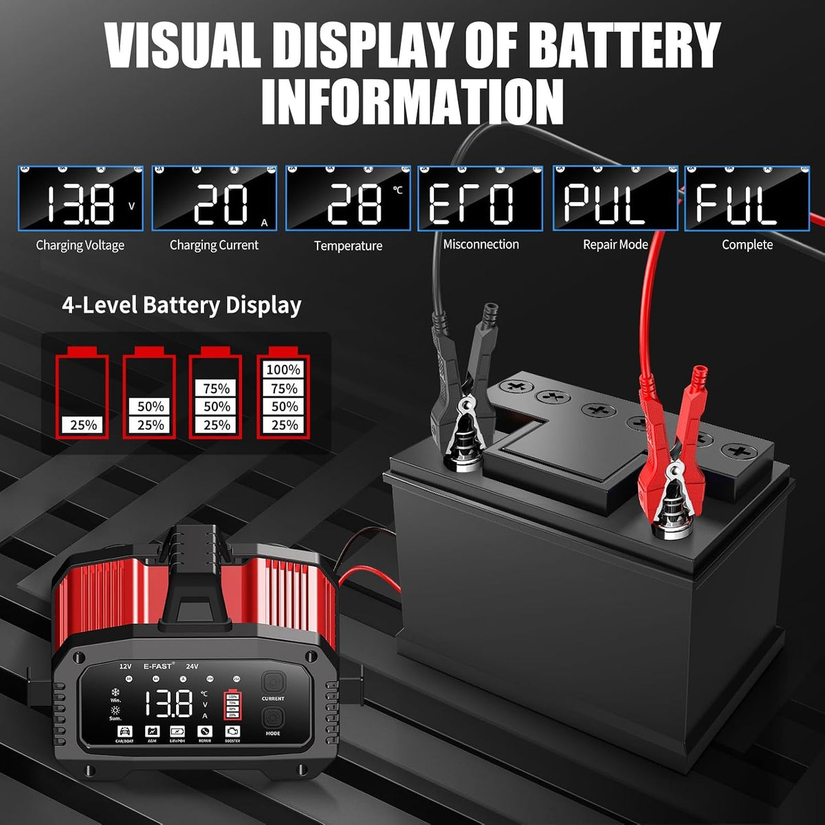 E-FAST 25A Smart Car Battery Charger, 12V/24V Automatic Automotive Battery Ma...