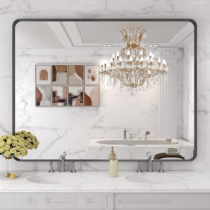 LOAAO 48x36 Inch Black Metal Framed Bathroom Mirror - Image 7