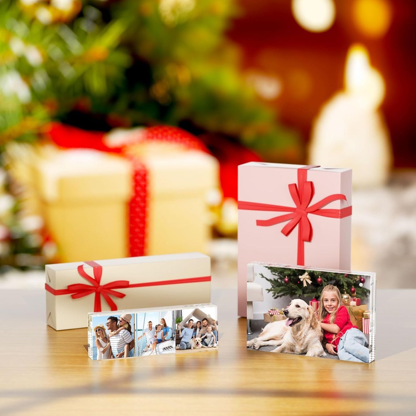 AITEE 5x5 Acrylic Picture Frames 3 Pack, Clear Picture Frames，20% Thicker | Freestanding Double Sided Magnetic Acrylic Lucite Frameless Transparent Square Frame Block Gift for Desktop Display