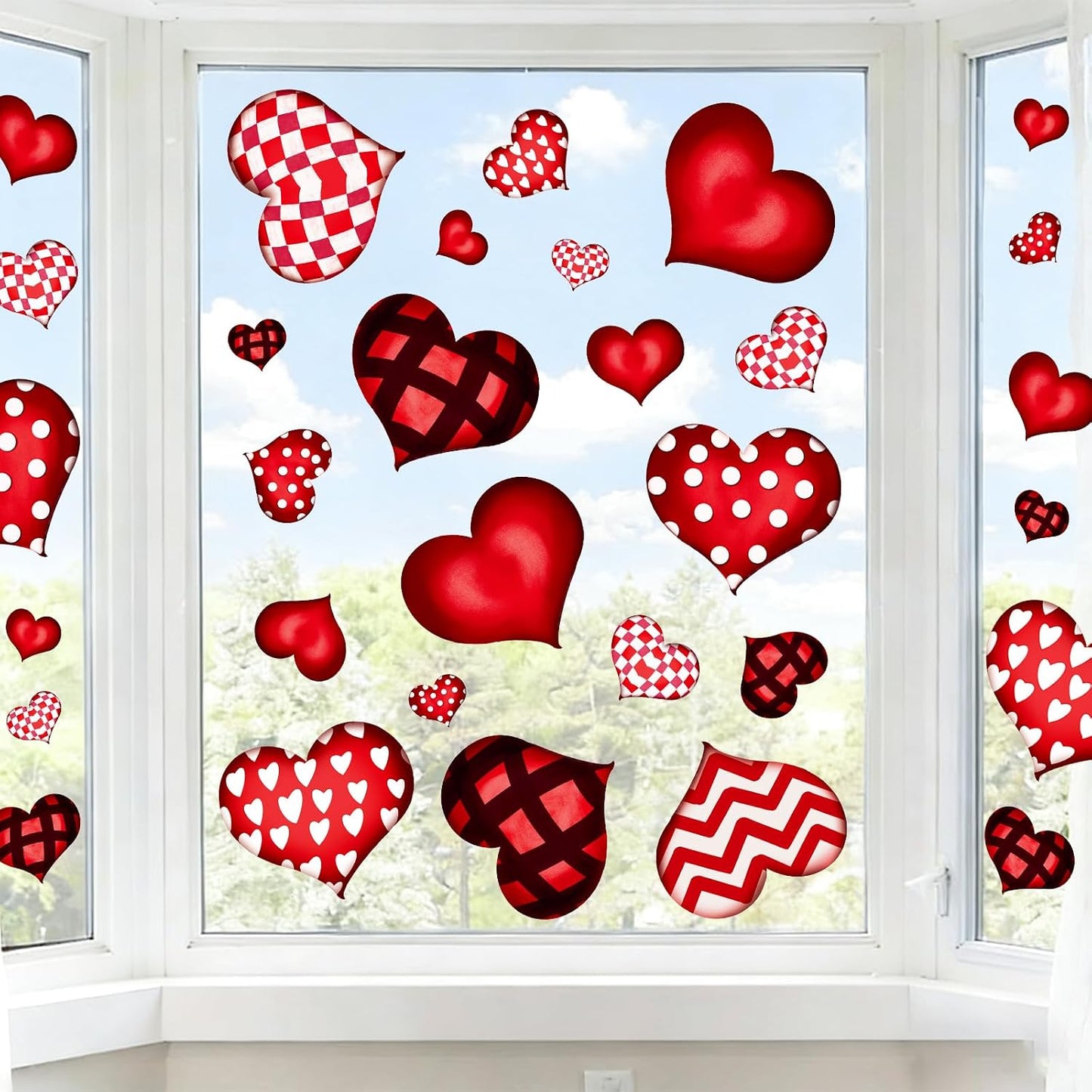 Valentines Day Window Clings: 6 Sheets Large Rustic Vintage Heart Window Decal Decorations, Farmhouse Red Black Valentine's Day Heart Stickers for Kids Home School Classroom Office Wedding