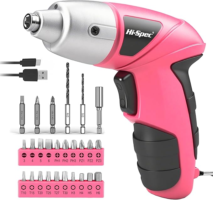 Hi-Spec Electric Screwdriver 27pc 3.6V Pink USB Small Power Screwdriver Set. by Hi-SpecToolsUSA