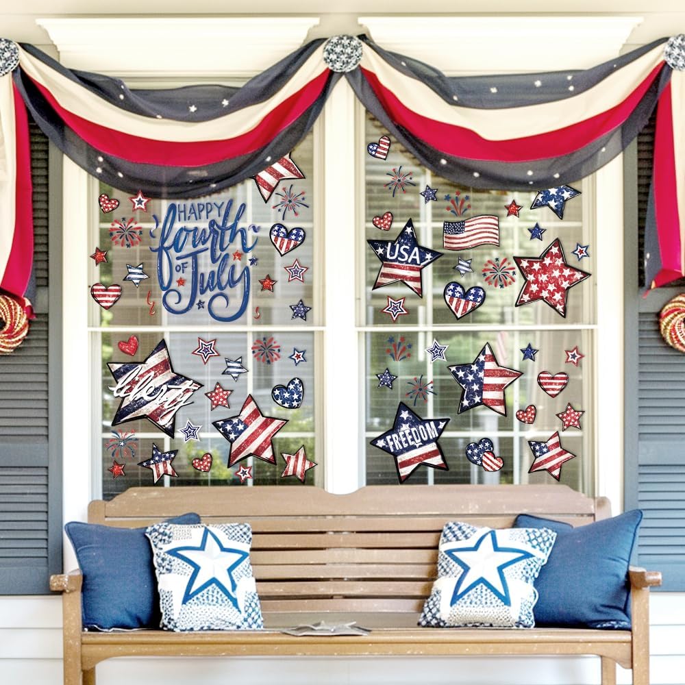 Vellibring 6 Sheet Patriotic Window Clings 4th of July Window Decals Retro Style USA Stars Flag Firework Decor for Independence Day Home Party Glass Mirror Decoration