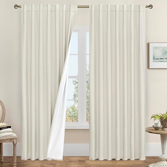 LAMIT 100% Blackout Linen Curtains 95 Inches Long, Living Room Farmhouse Drapes by LAMIT