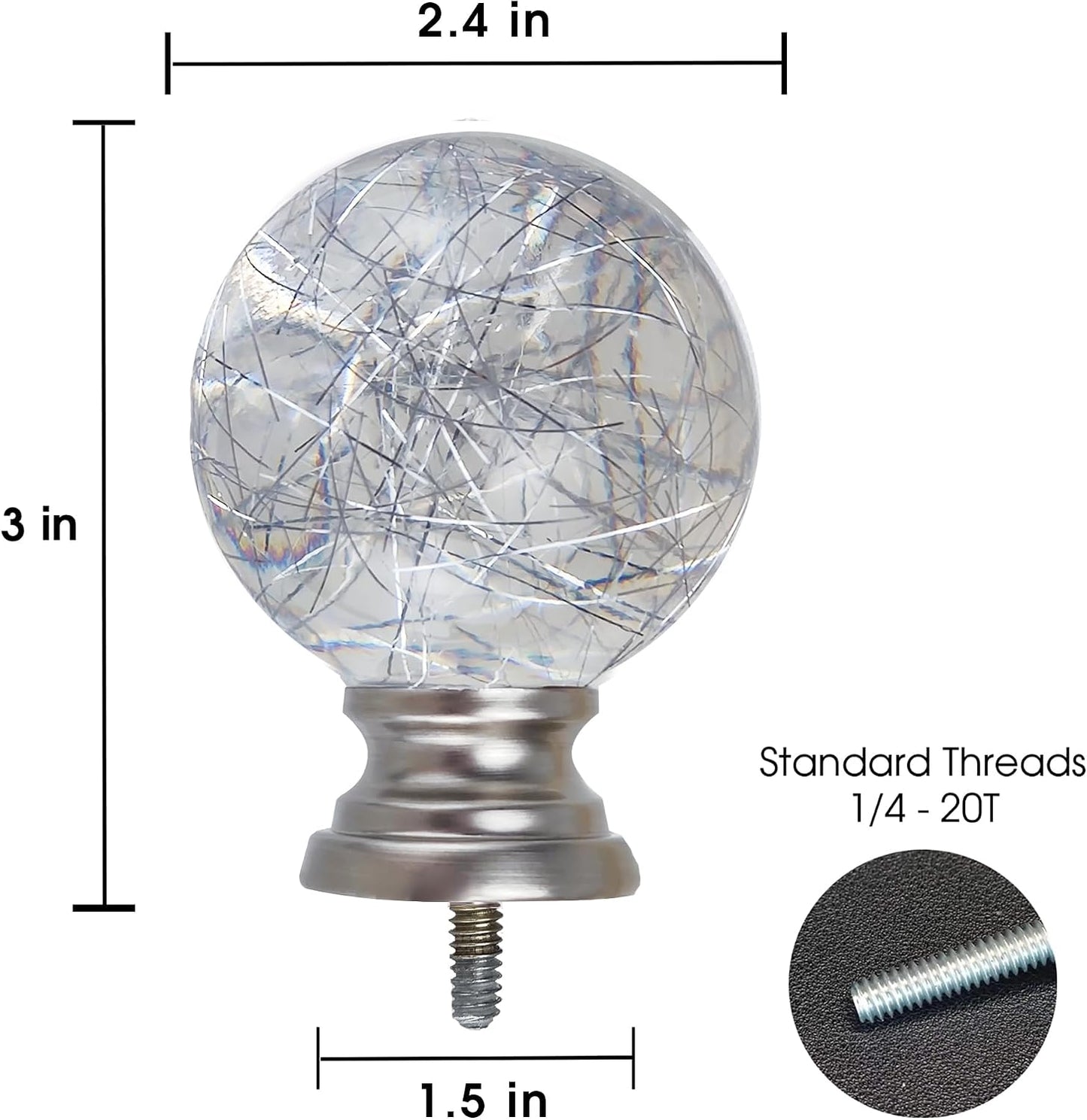 Decorative Curtain Rod Finials, Polyresin Round Silver Lines Clear Finials, Set of 2, Compatible with 1 inch or 1-1/8 inch Dia Curtain Rod, Standalone Finial Pair