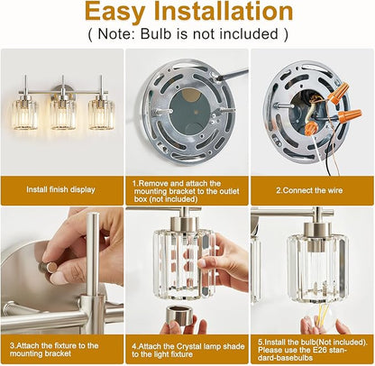EJIAXIN 3 Light Crystal Bathroom Light Fixtures, Brushed Nickel Vanity Mirror - Image 6