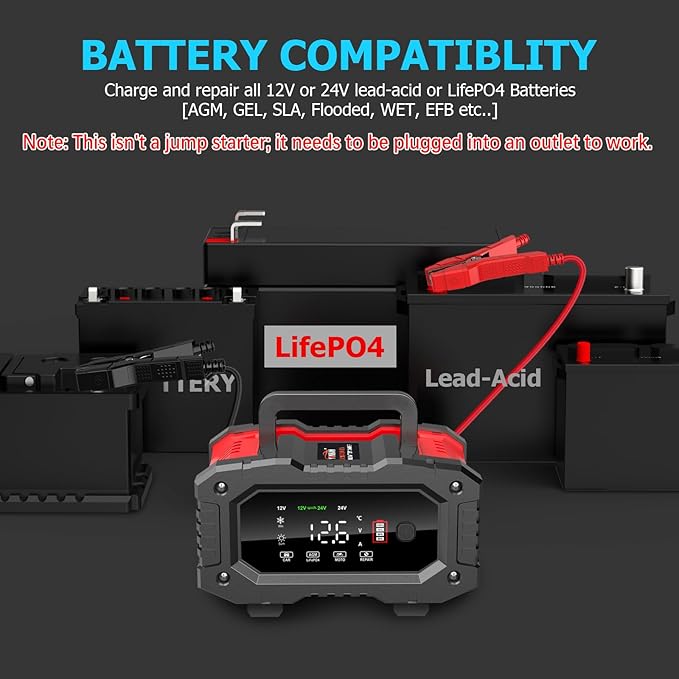 YONHAN Battery Charger 20A 12V/24V LiFePO4 Lead Acid Fully Automatic Battery - Image 2