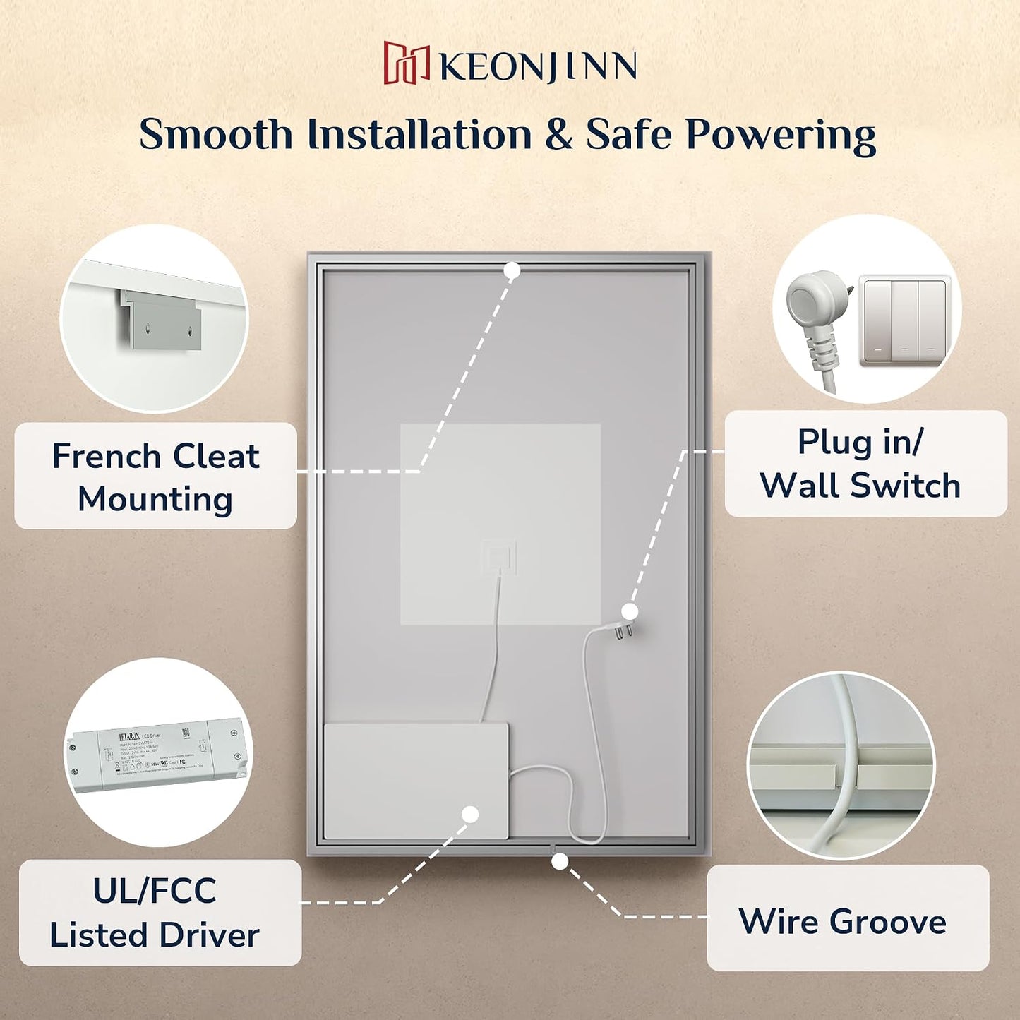 Keonjinn 40"x30" LED Backlit Mirror, Lighted Bathroom Mirrors for Over Sink | Tempered Glass Beveled Edge, Dimmable 3 Color Lights, Defogging, Memory Function, Effortless French Cleat Installation, Salon