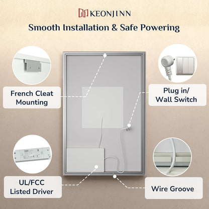 Keonjinn 40"x30" LED Backlit Mirror, Lighted Bathroom Mirrors for Over Sink | Tempered Glass Beveled Edge, Dimmable 3 Color Lights, Defogging, Memory Function, Effortless French Cleat Installation, Salon