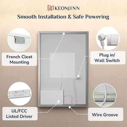 Keonjinn 40"x30" LED Backlit Mirror, Lighted Bathroom Mirrors for Over Sink | Tempered Glass Beveled Edge, Dimmable 3 Color Lights, Defogging, Memory Function, Effortless French Cleat Installation, Salon