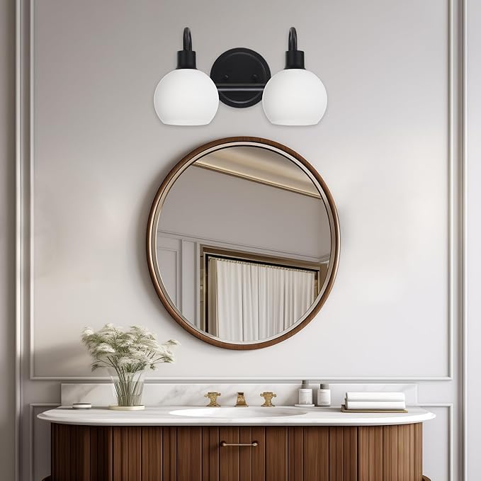 WINSHEN 2-Light Black Bathroom Light Fixture, Milk White Globe Wall Sconce Lamp - Image 6
