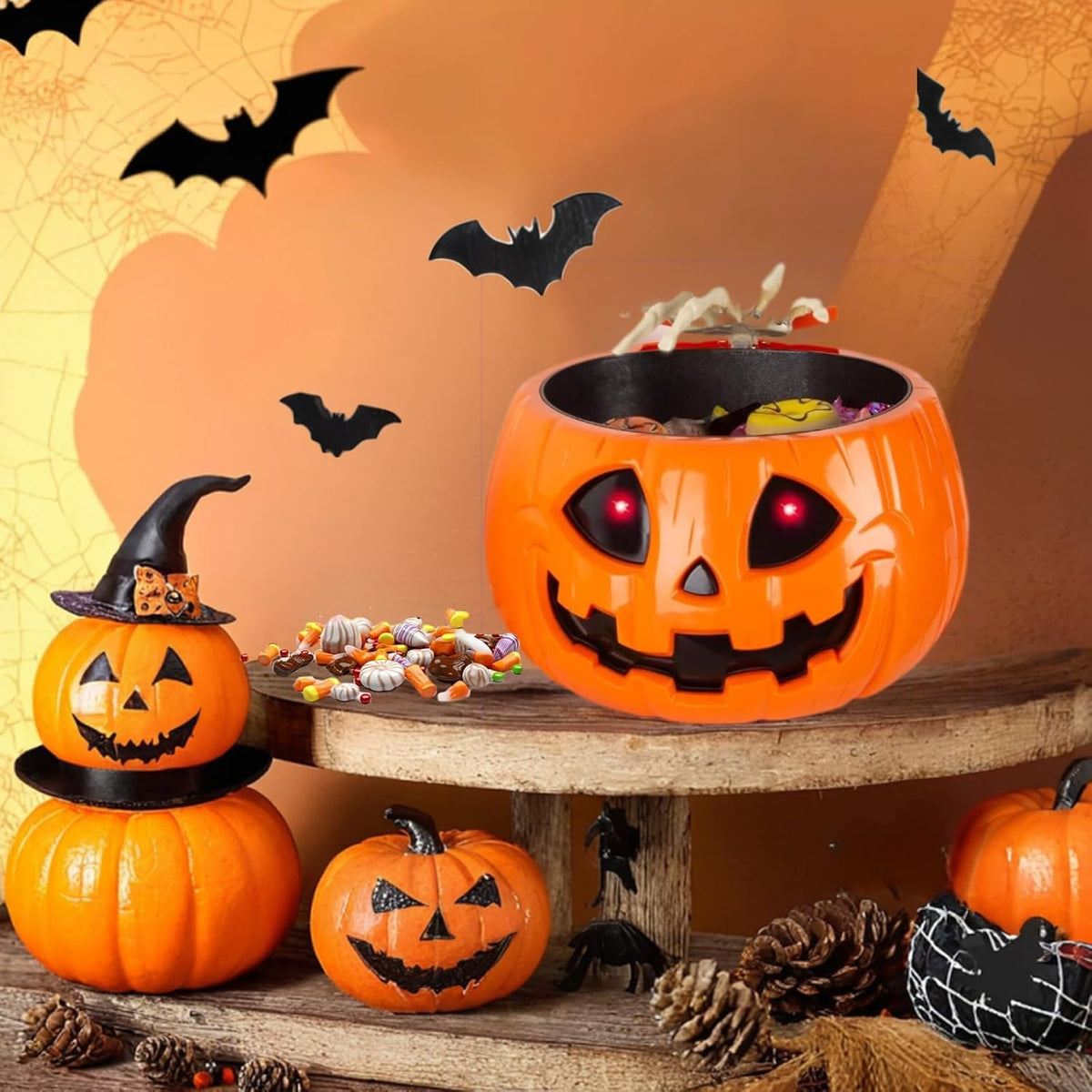 Anlass Halloween Candy Bowl Animated Pumpkin Candy Holder with Moving Skeleto...
