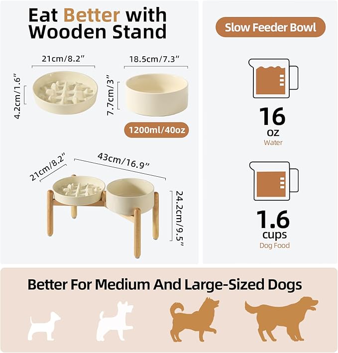 Ceramic Raised Slow Feeder Dog Bowl Set, Elevated 7.3inch Bowl and 8.2inch Slow - Image 2
