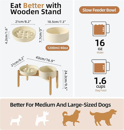 Ceramic Raised Slow Feeder Dog Bowl Set, Elevated 7.3inch Bowl and 8.2inch Slow - Image 2