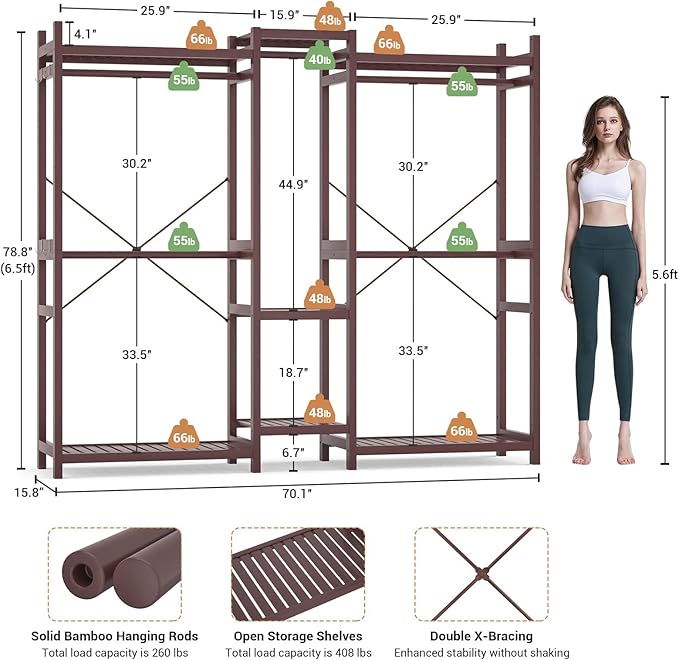 Homykic Bamboo Closet System Clothes Rack, Large Freestanding Garment Rack - Image 5