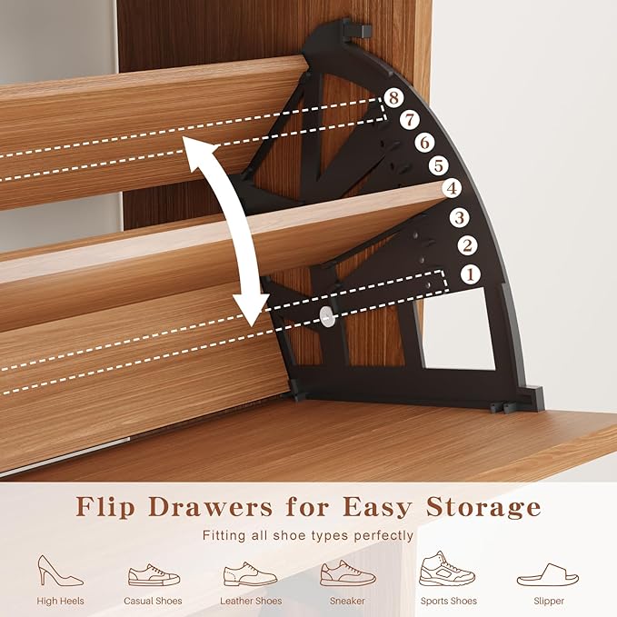 Shoe Storage Cabinet with 2 Flip Drawers & Adjustable Shelves, Narrow Shoe - Image 6
